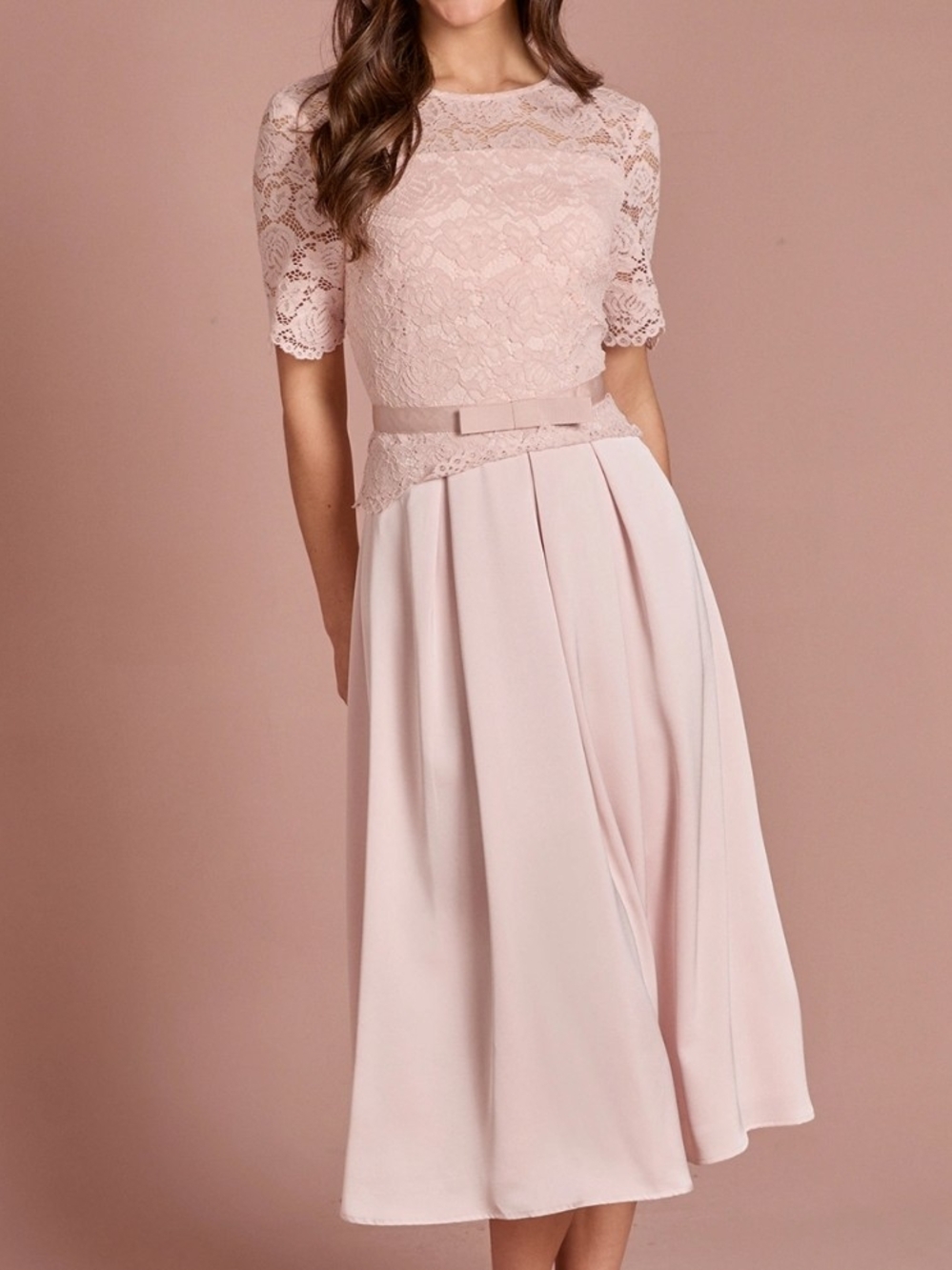 Lace Bodice Midi Dress in Blush Pink
